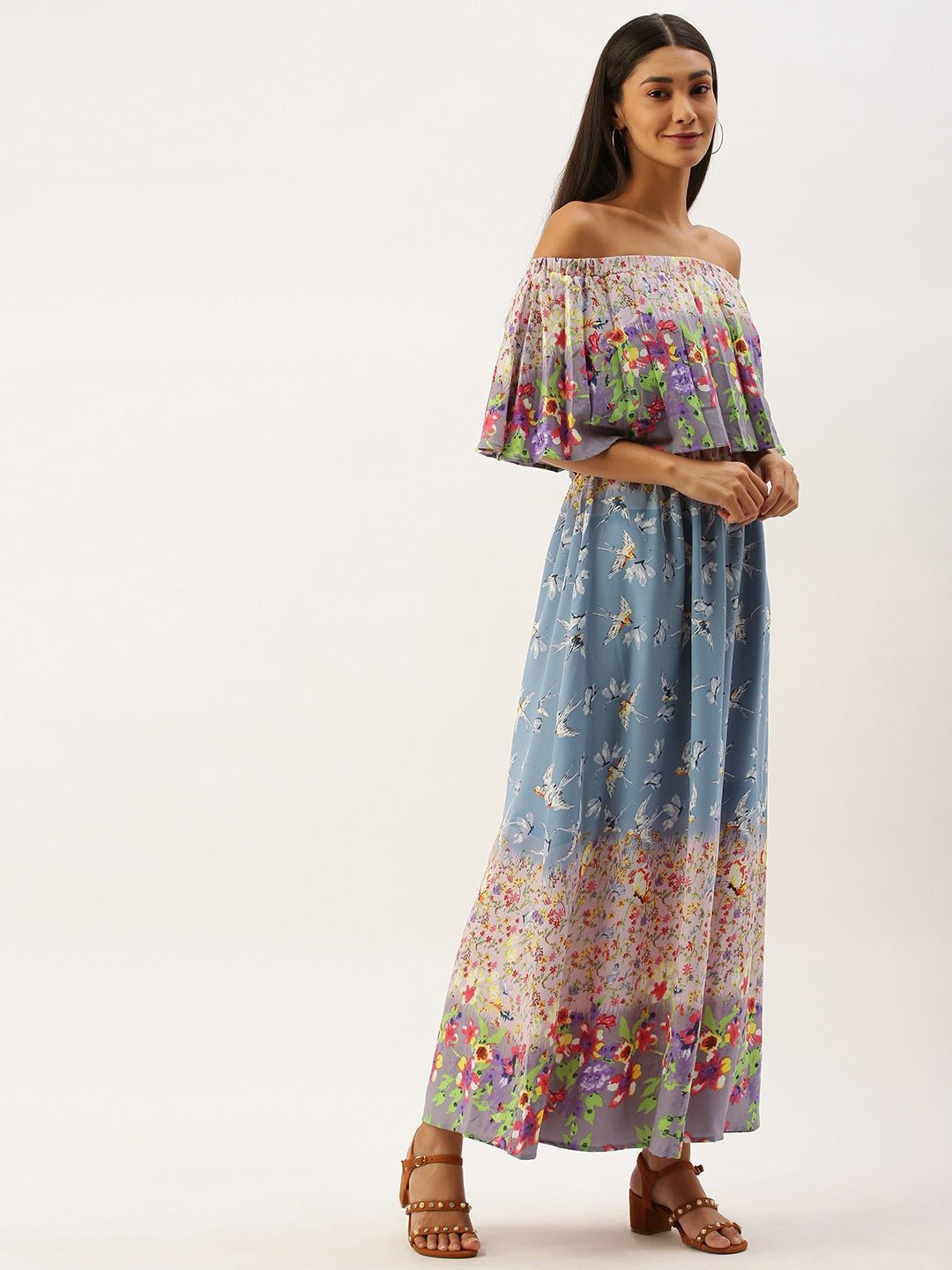 Folk Republic Women Blue & White Floral Print Off-Shoulder Maxi Dress - #folk republic#