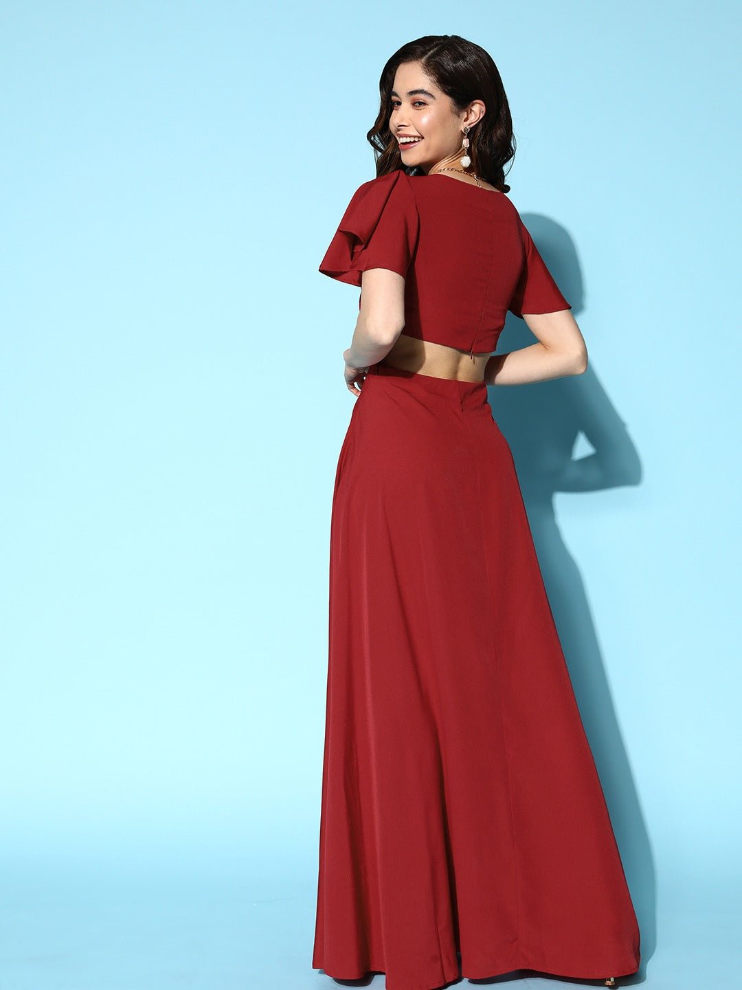 Folk Republic Women Maroon Solid Round Neck Cutout Crepe Thigh-High Slit Fit & Flare Maxi Dress - #folk republic#