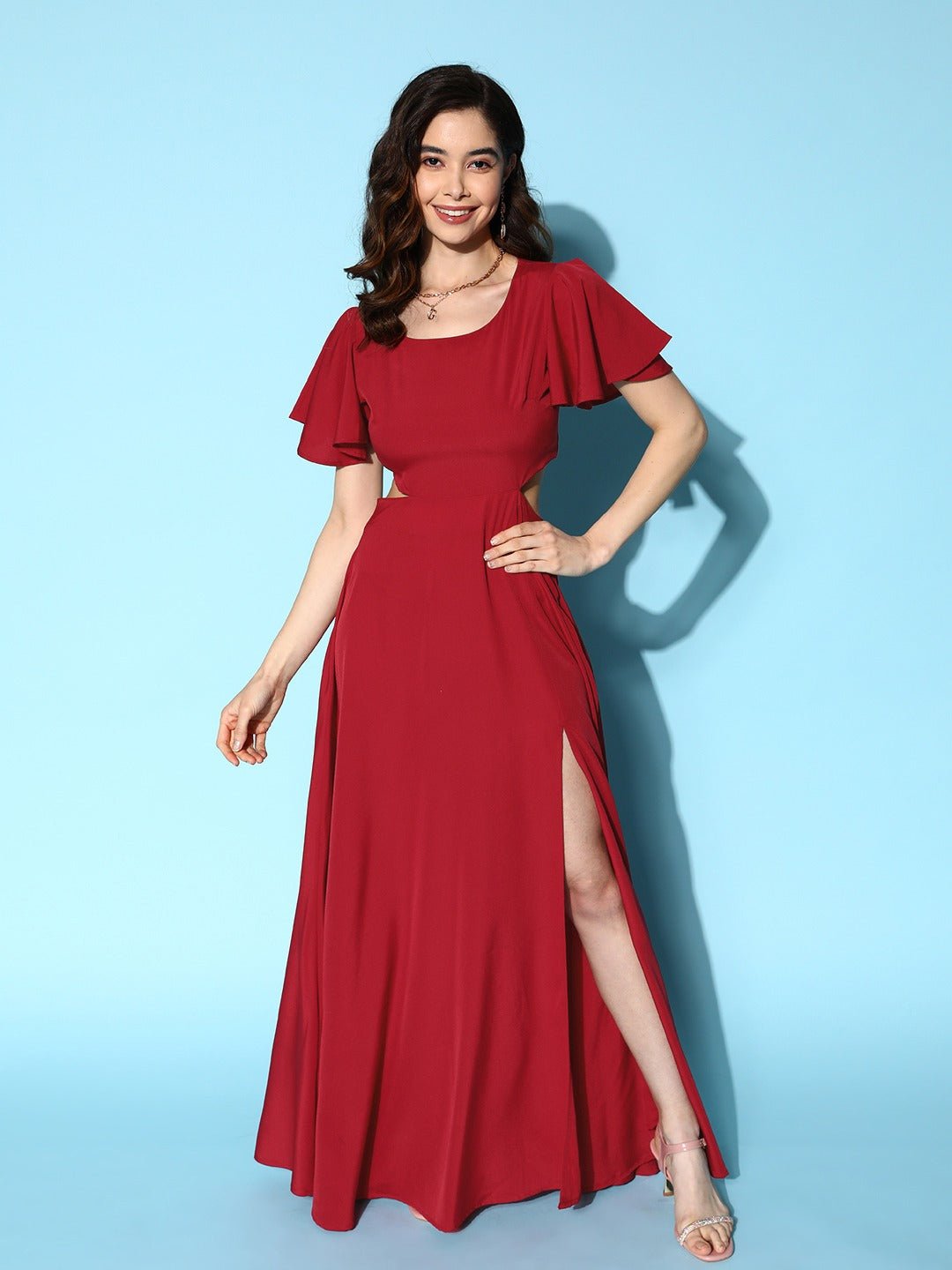 Folk Republic Women Maroon Solid Round Neck Cutout Crepe Thigh-High Slit Fit & Flare Maxi Dress - #folk republic#