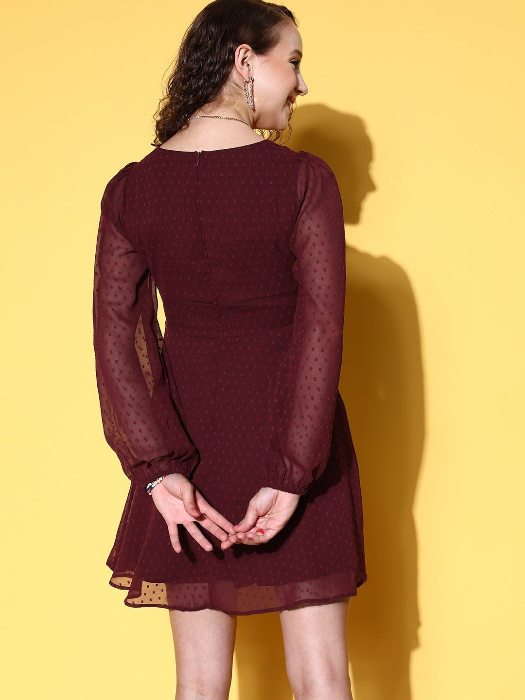 Folk Republic Women Solid Burgundy Dobby Weave Square Neck Georgette Pleated Fit & Flare Mini Dress - #folk republic#