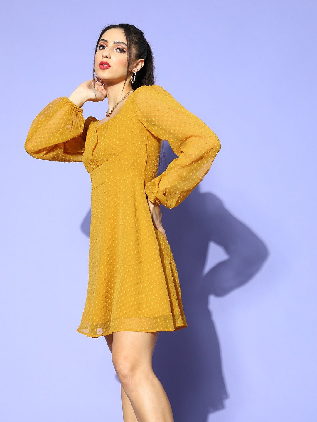 Folk Republic Women Solid Mustard Yellow Dobby Weave Square Neck Pleated Fit & Flare Mini Dress - #folk republic#