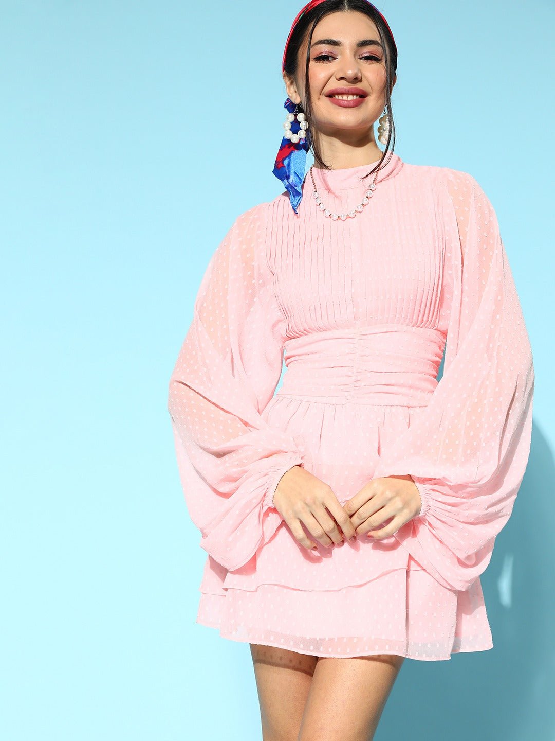 Folk Republic Women Solid Pink Round Neck Sheer Sleeves Georgette Flounce Hem Pleated Fit & Flare Mini Dress - #folk republic#