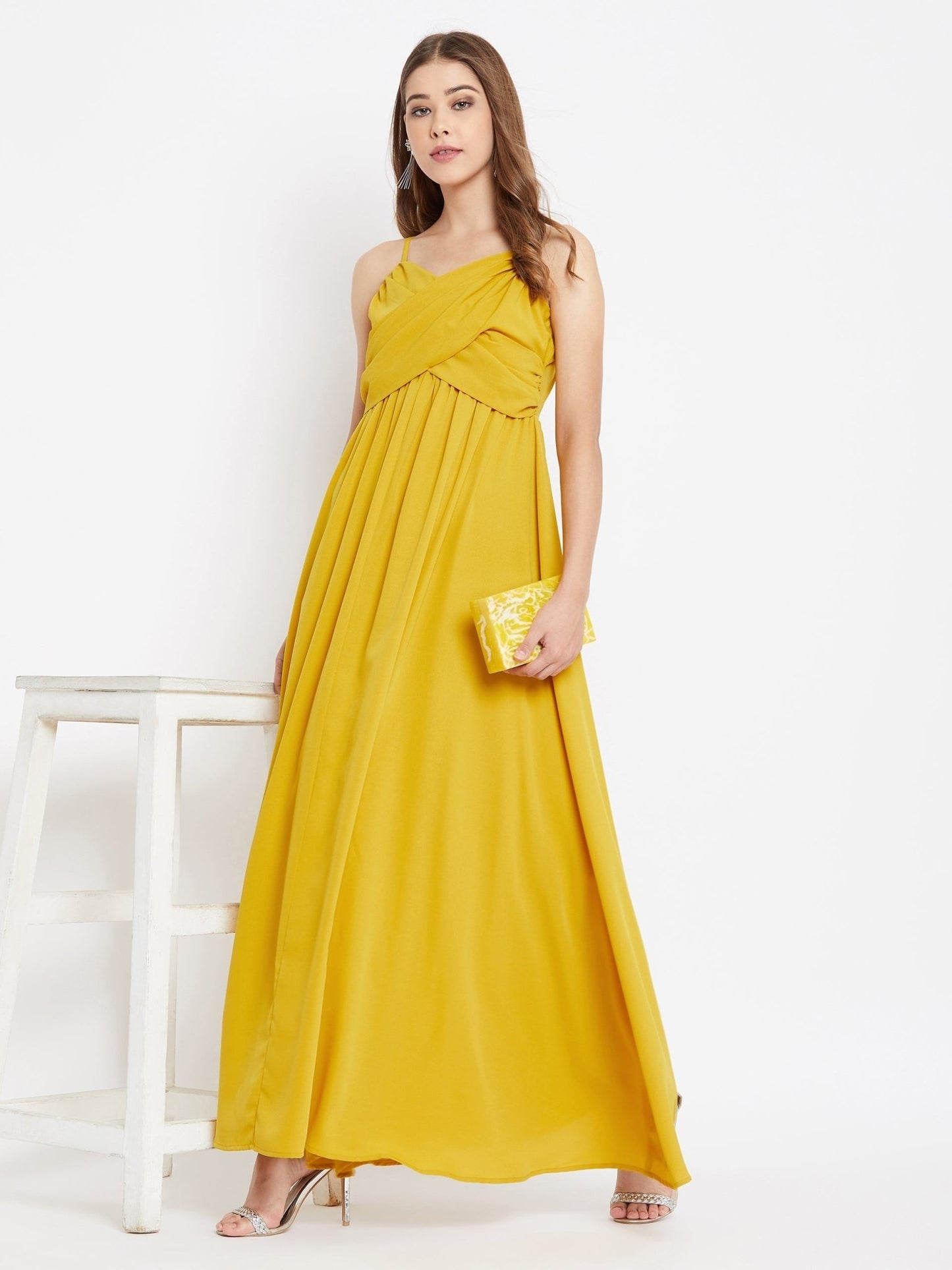 Folk Republic Women Solid Yellow V-Neck Sleeveless Ruched Maxi Dress - #folk republic#