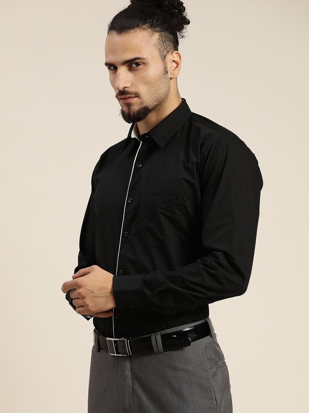 Men Black Solid Pure Cotton Slim Fit Formal Shirt - #folk republic#