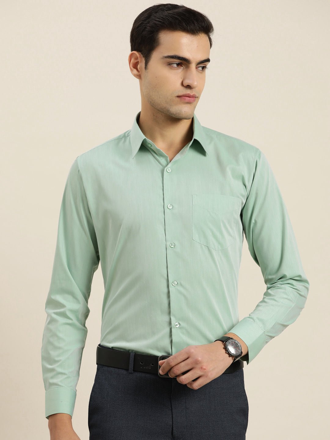 Men Green Solid Cotton Rich Slim fit Formal Shirt - #folk republic#