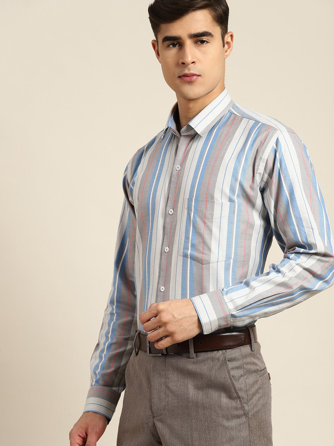 Men Grey & Blue Stripes Pure Cotton Regular Fit Formal Shirt - #folk republic#