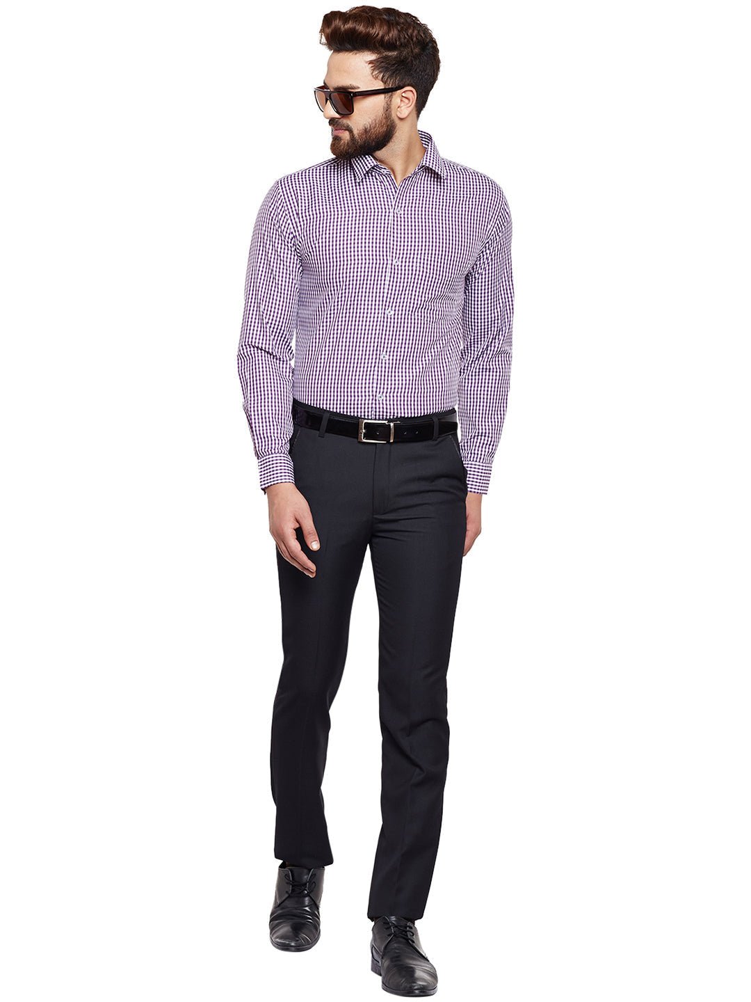 Men Purple Checked Slim Fit Formal Shirt - #folk republic#