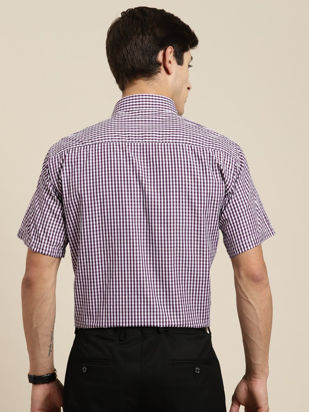 Men Purple & White Gingham Check Short Sleeve Slim fit Formal Shirt - #folk republic#