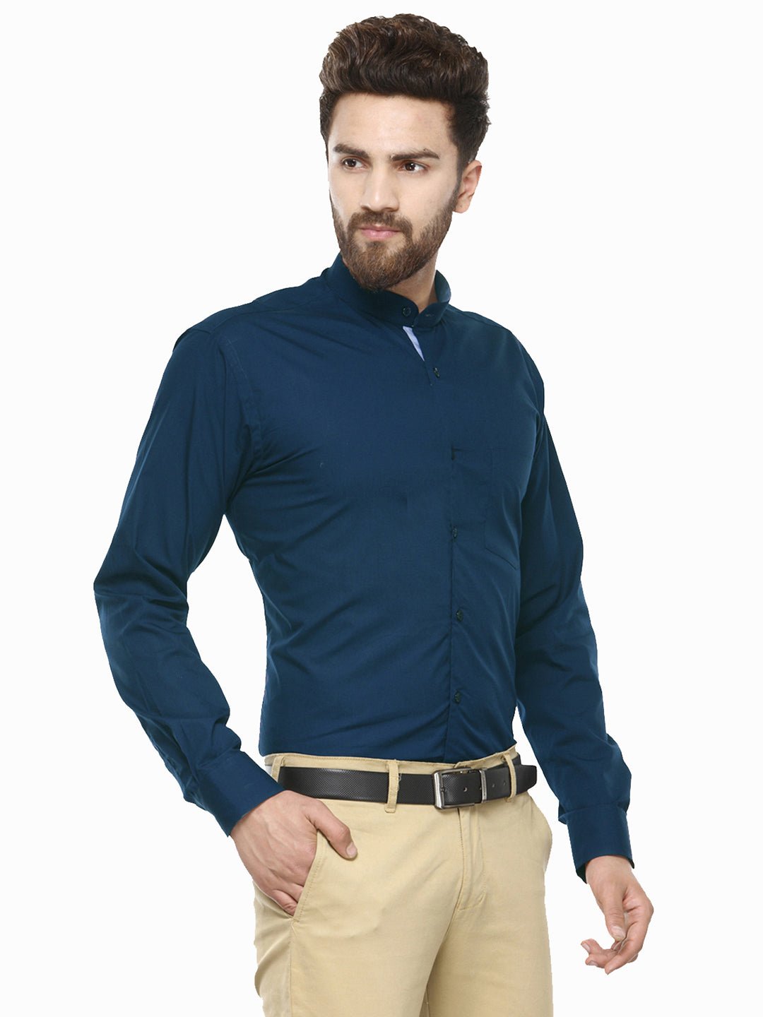 Men Turquoise Blue Mandarin Collar Slim Fit Pure Cotton Formal Shirt - #folk republic#
