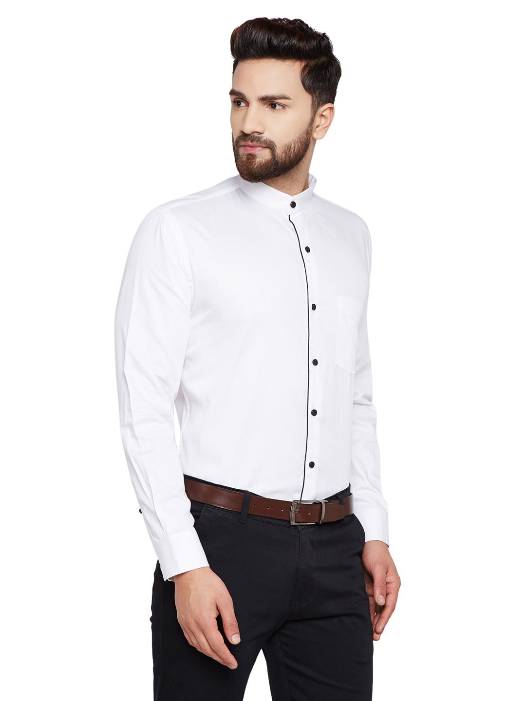 Men White Solid Mandarin Collar Slim Fit Pure Cotton Formal Shirt - #folk republic#
