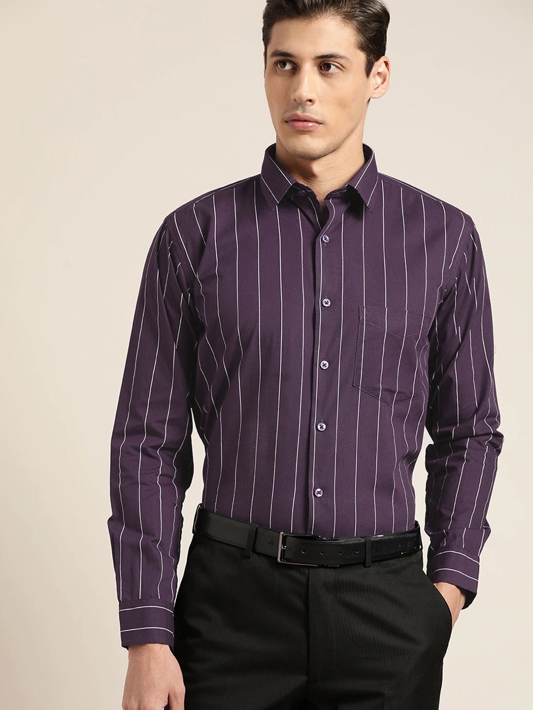 Men Wine Stripes Pure Cotton Slim Fit Formal Shirt - #folk republic#