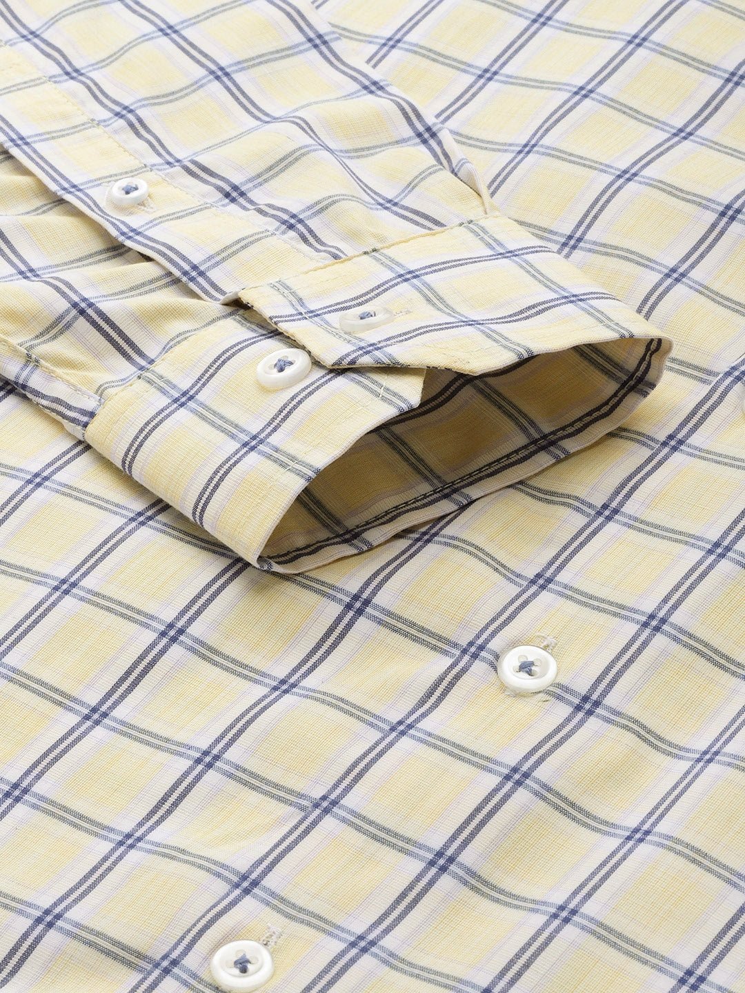 Men Yellow & Navy Checked Cotton Rich Slim Fit Formal Shirt - #folk republic#