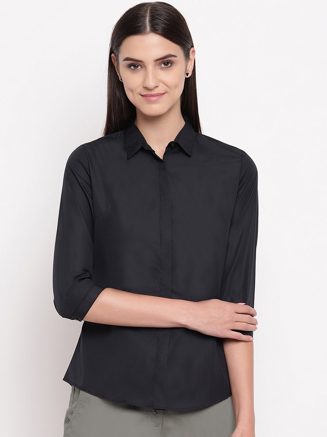 Women Black Pure Cotton Solid Slim Fit Formal Shirt - #folk republic#