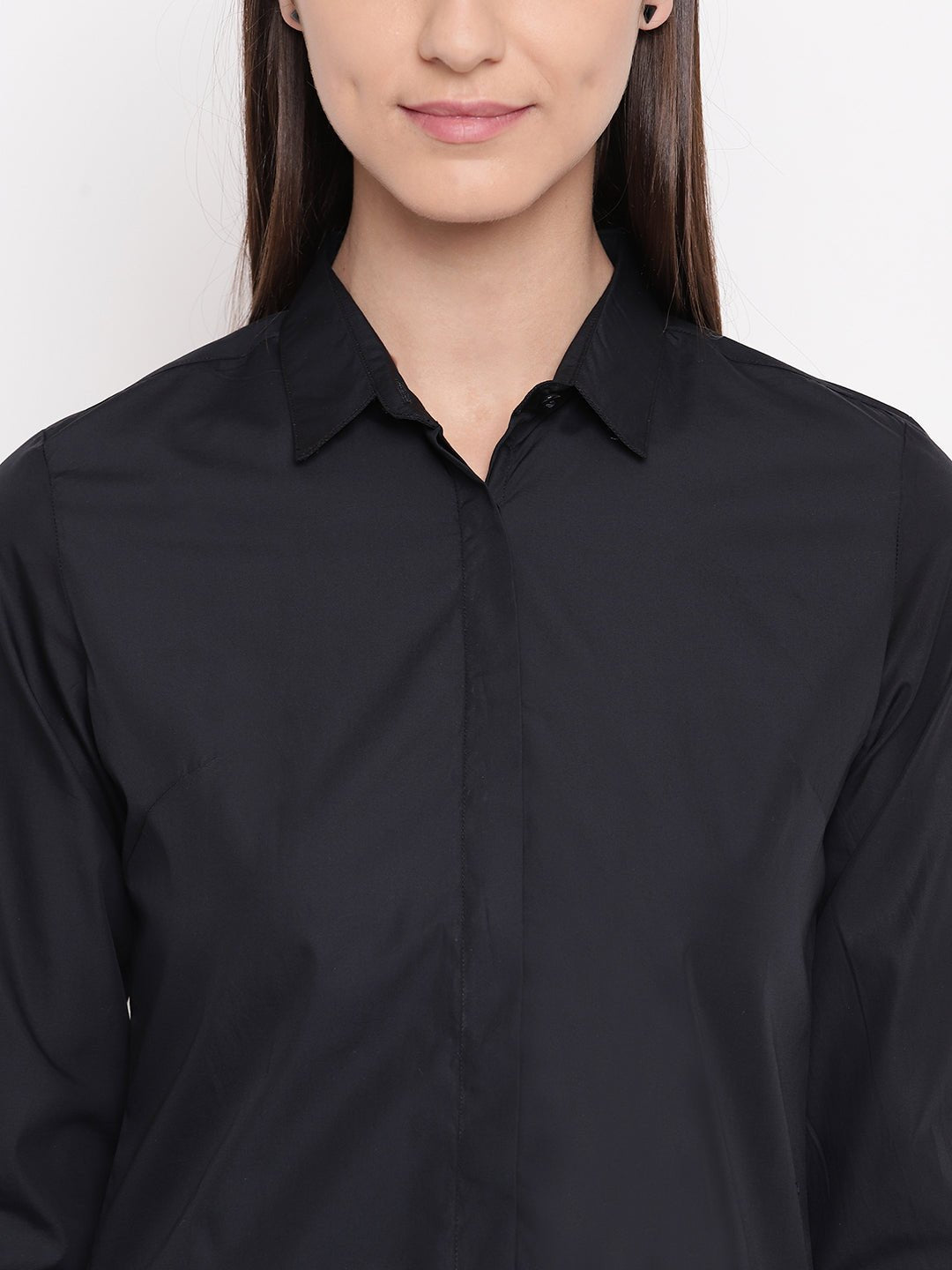 Women Black Pure Cotton Solid Slim Fit Formal Shirt - #folk republic#