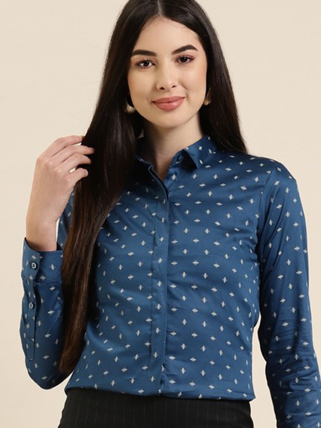 Women Blue Printed Cotton Slim Fit Formal Shirt - #folk republic#