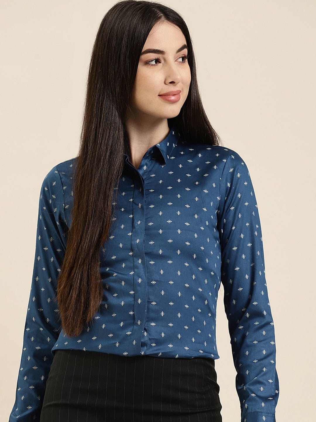 Women Blue Printed Cotton Slim Fit Formal Shirt - #folk republic#