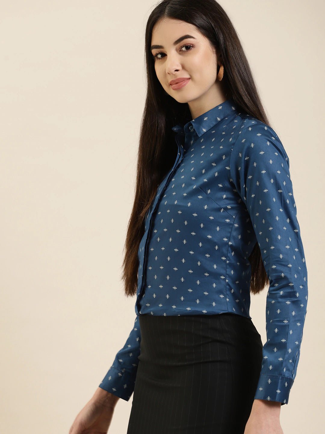 Women Blue Printed Cotton Slim Fit Formal Shirt - #folk republic#