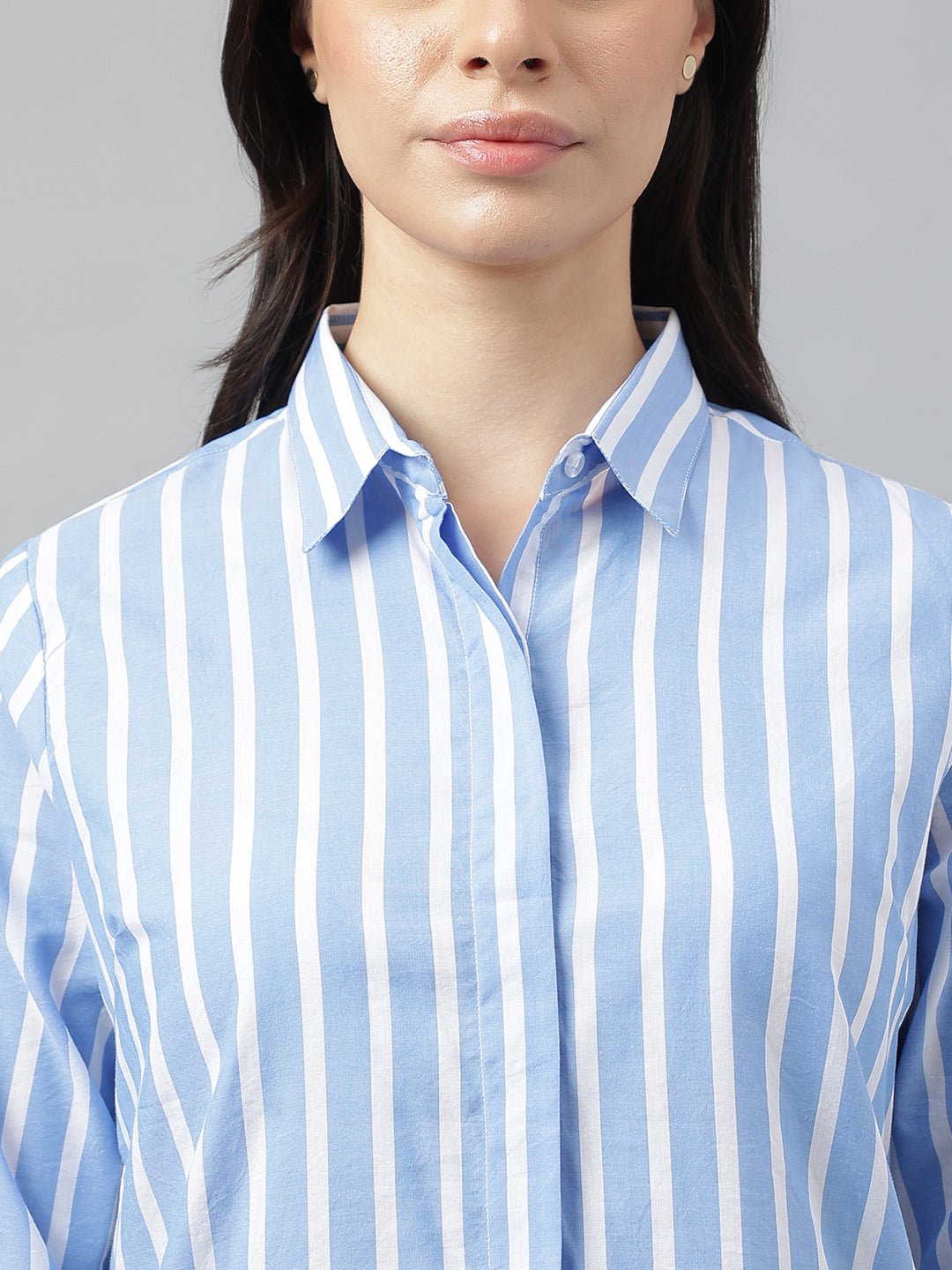 Women Blue &White Stripes Viscose Rayon Regular Fit Formal Shirt - #folk republic#