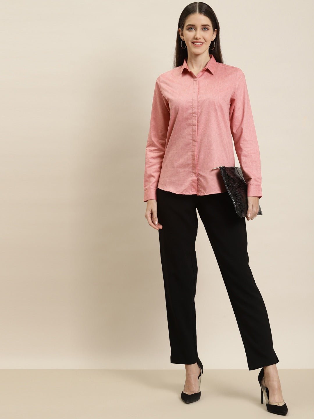 Women Coral Solid Chambray Cotton Rich Slim Fit Formal Shirt - #folk republic#