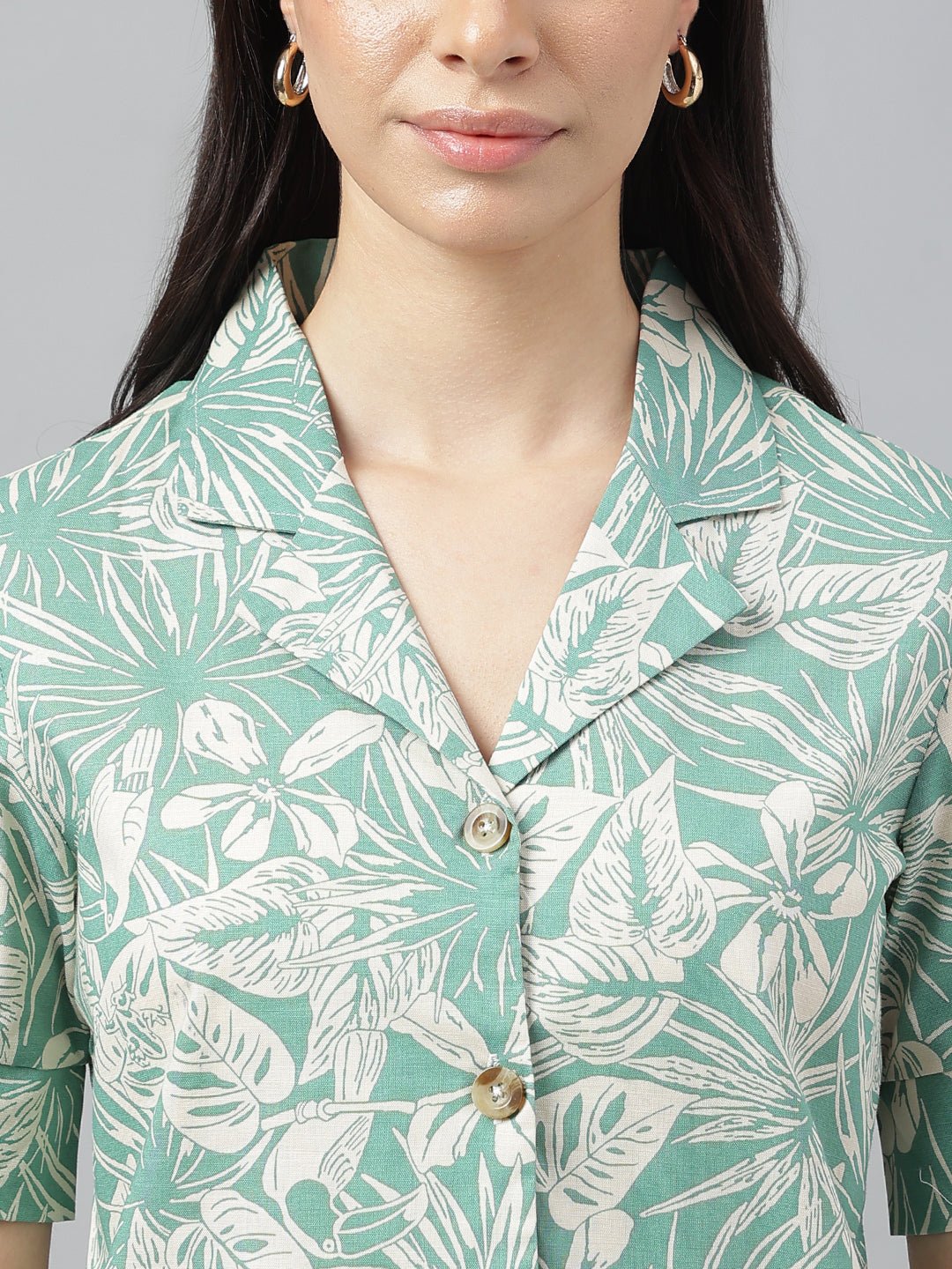 Women Green & Beige Prints Pure Cotton Regular Fit Casual Shirt - #folk republic#