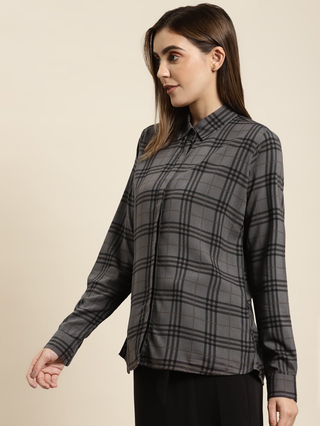 Women Grey & Black Checked Viscose Rayon Regular Fit Formal Shirt - #folk republic#