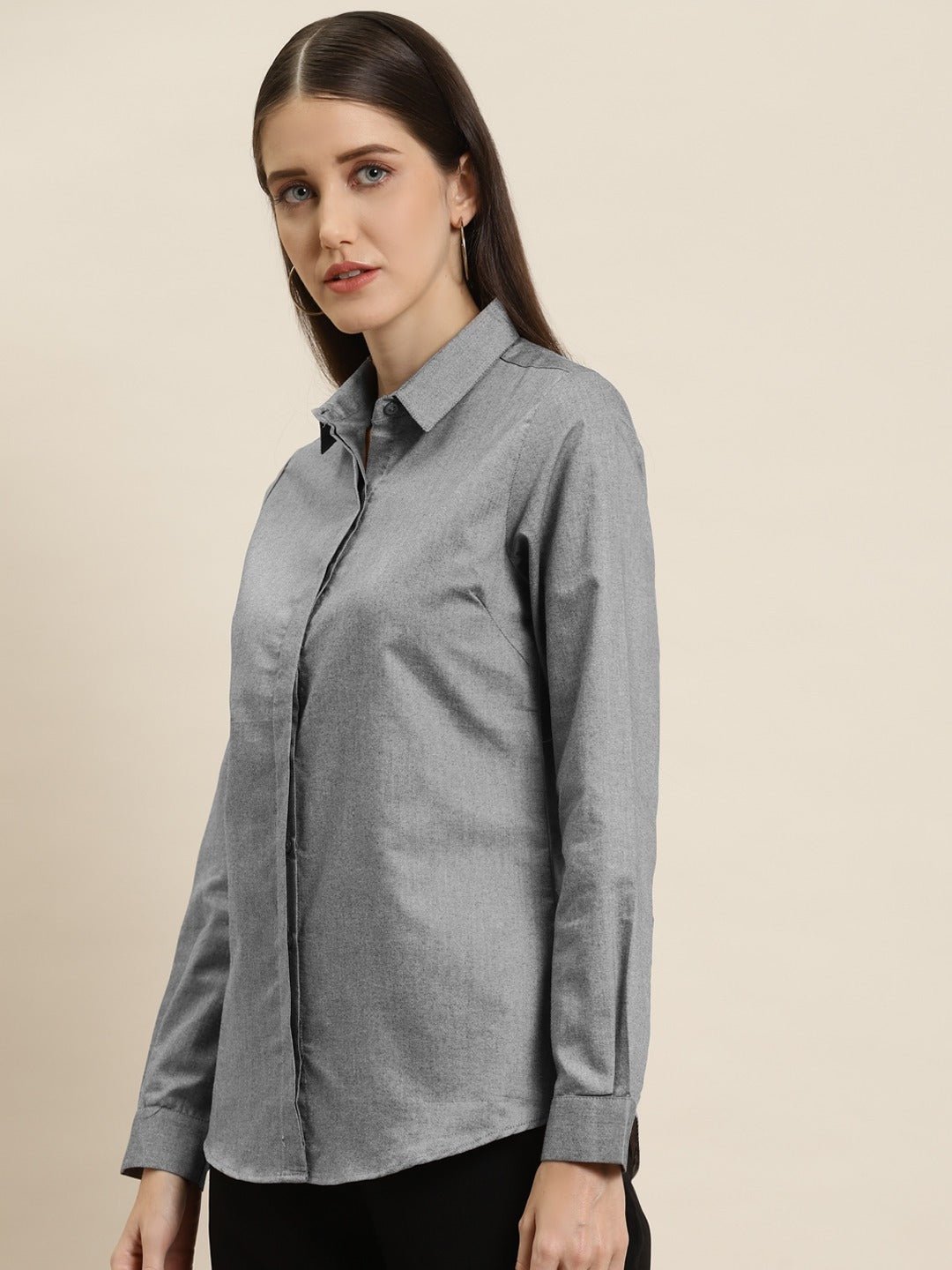 Women Grey Solid Chambray Cotton Rich Slim Fit Formal Shirt - #folk republic#