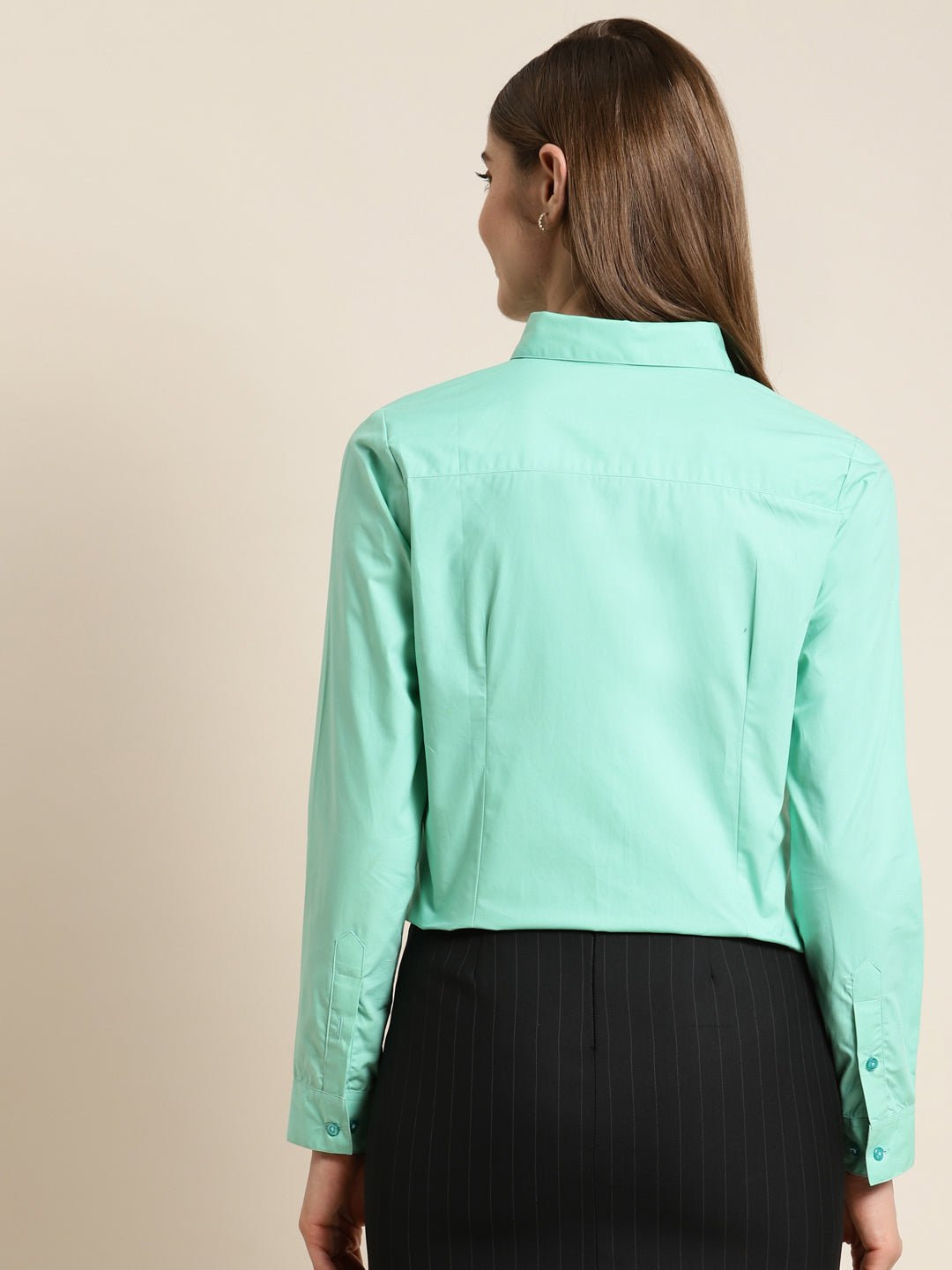 Women Mint Green Solid Pure Cotton Regular Fit Formal Shirt - #folk republic#