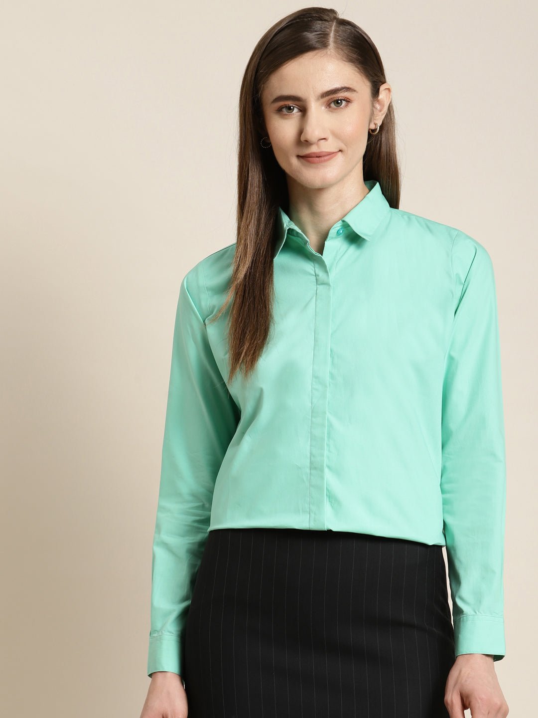Women Mint Green Solid Pure Cotton Regular Fit Formal Shirt - #folk republic#