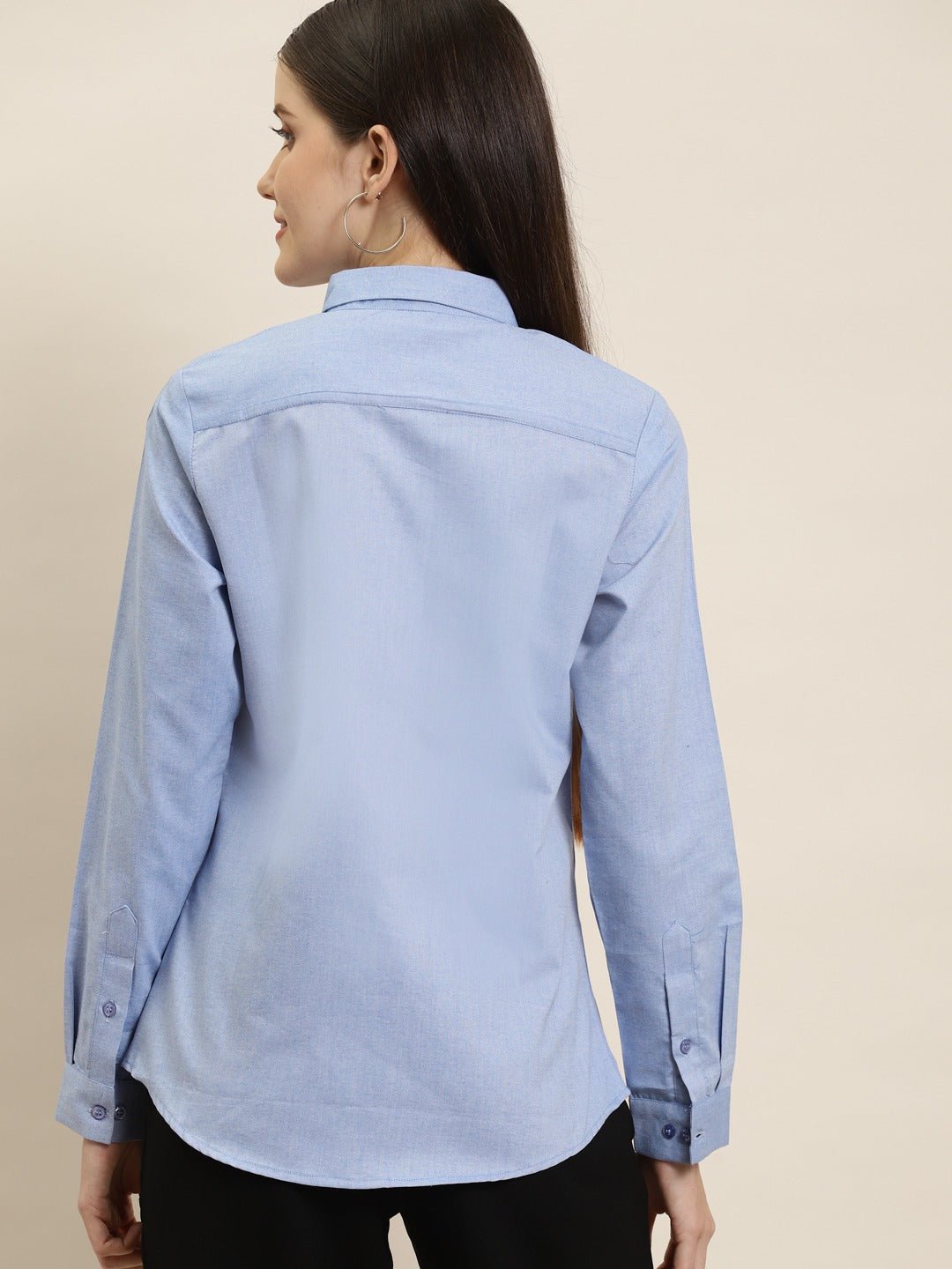 Women Sky Blue Solid Chambray Cotton Rich Slim Fit Formal Shirt - #folk republic#