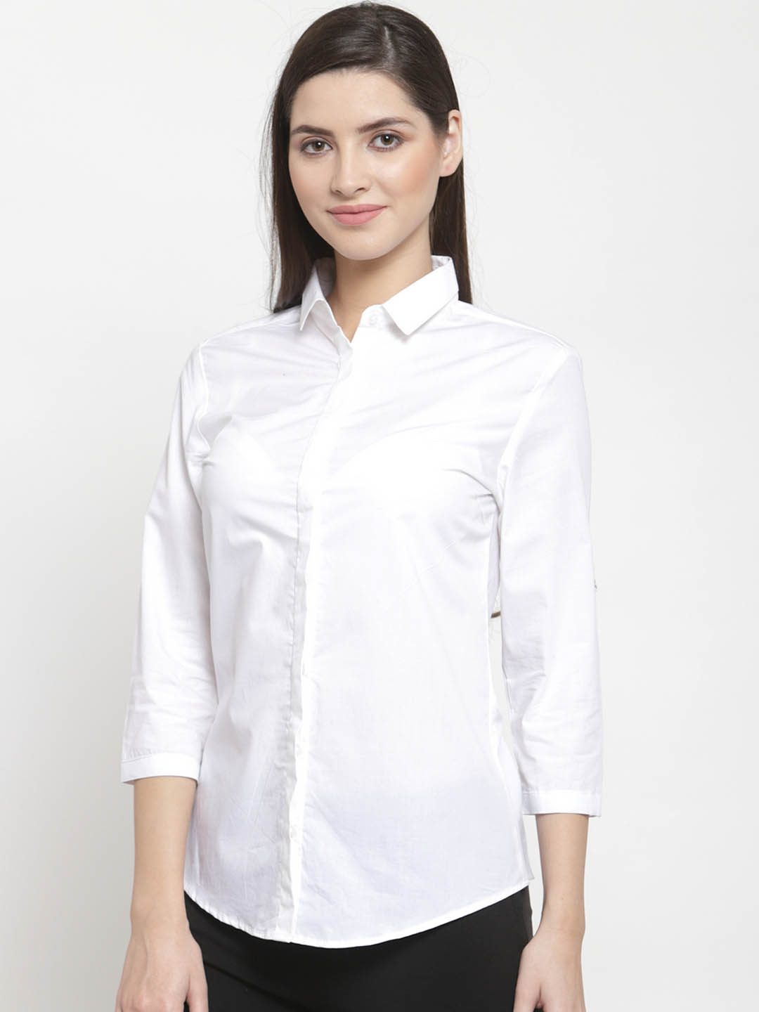 Women White Pure Cotton Solid Slim Fit Formal Shirt - #folk republic#