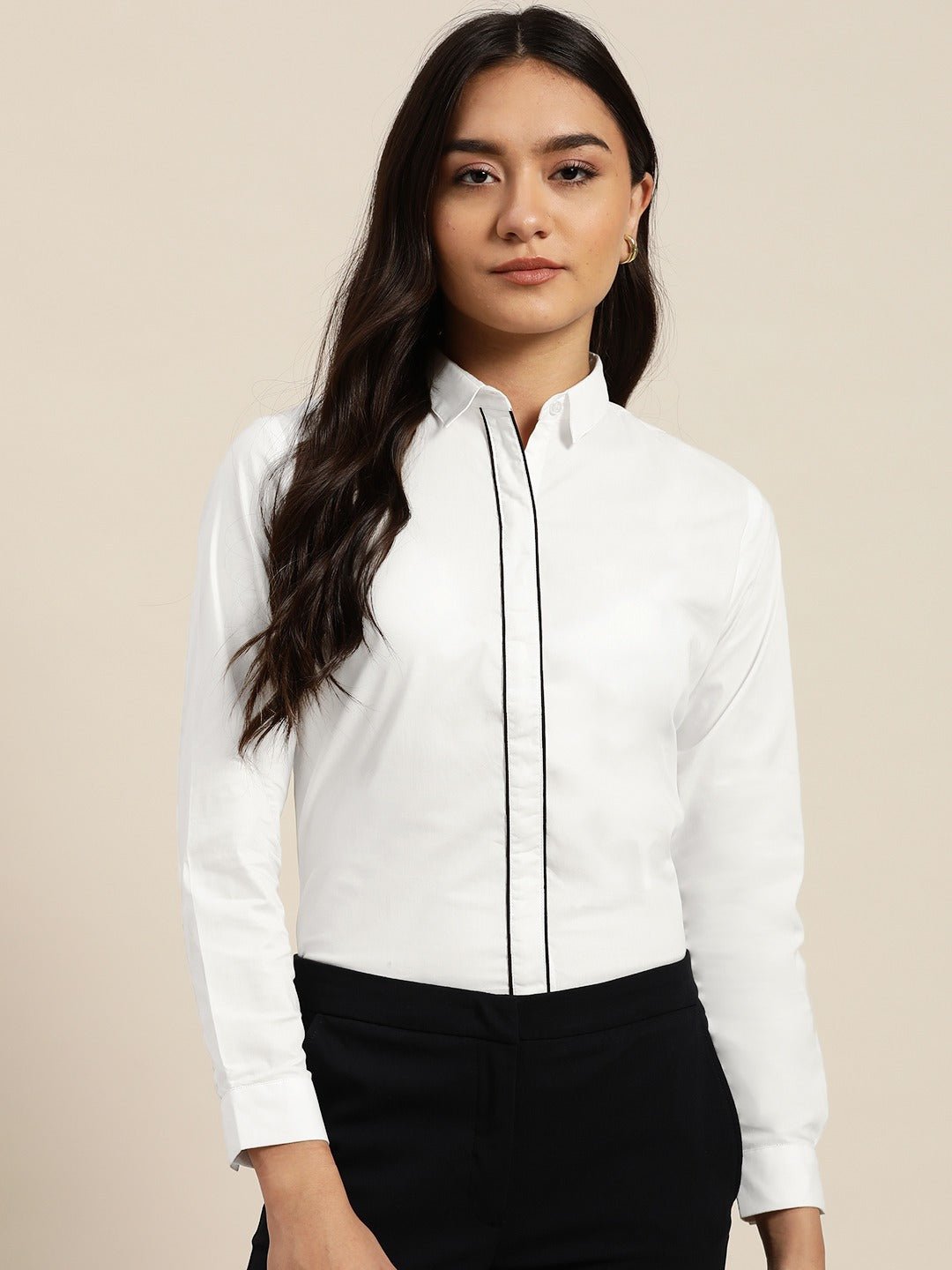 Women White Solids Pure Cotton Slim Fit Formal Shirt - #folk republic#